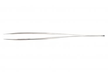 The image shows a long, narrow metal tweezer with two pointed ends. It is straight and shiny, ideal for gripping small objects.