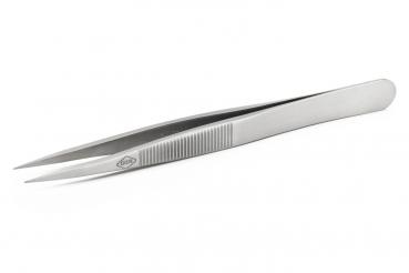 The image shows a narrow tweezer made of shiny metal. It has long, pointed tips and a flat, non-slip surface on one side.