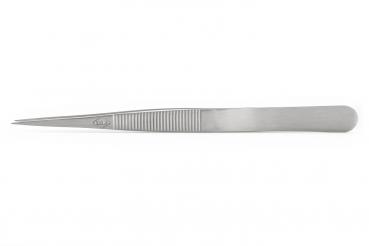 The image shows a narrow, metallic tweezer. It has a pointed shape with a ridged grip surface for better hold and is completely silver-colored.