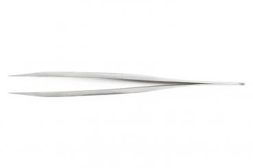 The image shows a long, narrow pair of metal tweezers with pointed ends. It is shiny and simply designed, suitable for grasping small objects.