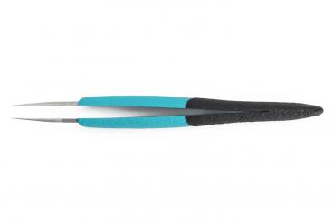 The image shows a pair of tweezers with two long, narrow tips. The handles are coated with blue and black rubber for better handling.