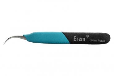 The image shows a tool with a curved, narrow stainless steel head and an ergonomic handle. The handle is partly blue and partly gray with the inscription "Erem Swiss Made".