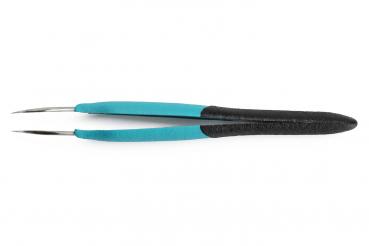 The image shows a pair of tweezers with two pointed, metallic gripping surfaces. The handle is two-toned: light blue on top and black on the bottom, with a non-slip surface.