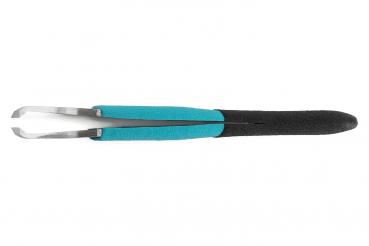 The image shows a pair of pliers with a slim, curved shape. The handle is partially covered with black and turquoise rubber, while the head is made of silver metal.