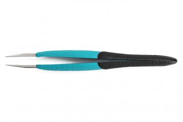 The image shows a long pair of tweezers with two thin tips. The handle is blue in the middle and black at the ends. It has a smooth, narrow shape, ideal for grasping small objects.