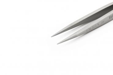 The image shows a metallic tweezer with long, pointed tips. The surfaces are shiny, and the tweezer is lying on a bright, solid-colored background.