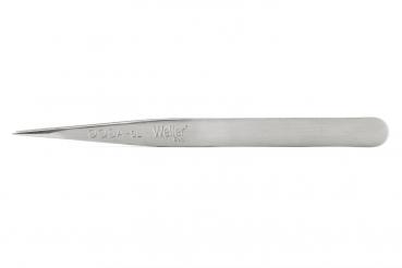 The image displays a long, narrow pair of stainless steel tweezers. It features a pointed tip and a flat, straight surface. The top is stamped with "Weller."
