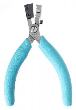 The picture shows a pair of pliers with blue, non-slip handles. The pliers have a flat, metallic tip that is used for gripping and bending wires or small objects.