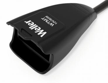 The image shows a black cable plug with a wide opening at one end. The plug is labeled "Weller" and appears sturdy, with a smooth surface and a long, thin cable.
