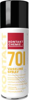 The image shows a spray can with a black cap and a white body. The label reads 