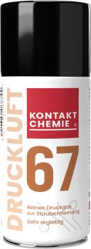 Das Bild zeigt eine Spraydose mit schwarzem Deckel und einem weißen Körper. Darauf steht "KONTAKT CHEMIE" in schwarzer Schrift und "DURCKLUFT 67" in orange. Es handelt sich um Druckluft zur Reinigung.