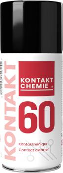 Das Bild zeigt eine Spraydose mit schwarzem Deckel und weißem Körper. In roter Schrift steht "KONTAKT 60" und "KONTAKT CHEMIE" darunter. Es handelt sich um einen Kontaktreiniger.