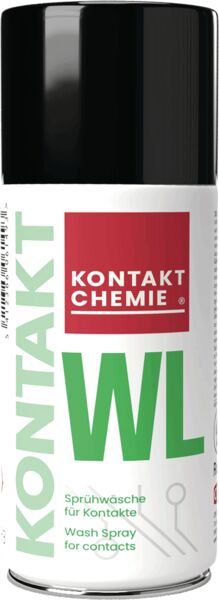 The image shows a spray can with a black lid. The can has a white surface with red and green lettering. On the front it says 