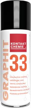 The image shows a spray can with a black lid. On it is written "GRAPHIT 33" in orange and "KONTAKT CHEMIE" in white. The can contains a conductive varnish for electronic applications.