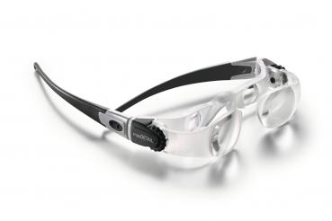 This is a special pair of glasses with transparent lenses and a black temple. It has an ergonomic shape and should support vision.