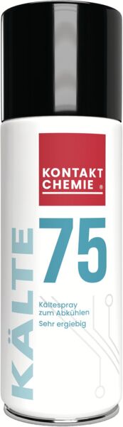 Das Bild zeigt eine Spraydose mit schwarzem Deckel und weißem Körper. Auf der Dose steht in roter und blauer Schrift ?KONTAKT CHEMIE 75 KÄLTE?. Die Dose ist wahrscheinlich ein Kältespray.