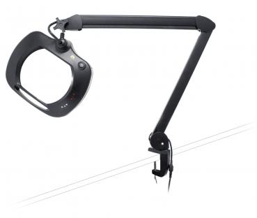 The image shows a flexible magnifying glass with an adjustable mount. It has a large, round frame and is attached with a clamp. Ideal for detailed work.