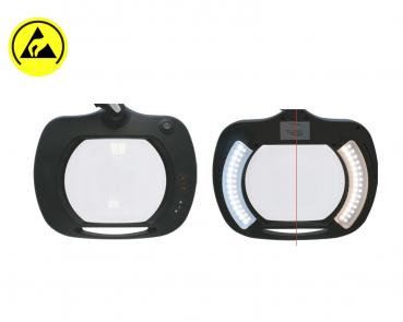The image shows two illuminated magnifying glasses. One has a round lens with a handle; both have different light sources to facilitate seeing.