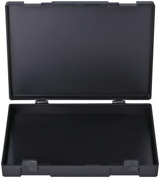 The image shows a black plastic container with a lid. It is rectangular and has a flat bottom. The lid is open and reveals the interior.