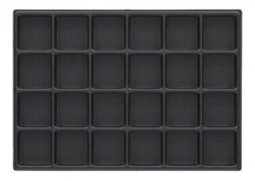 The image shows a rectangular, black baking pan with 24 equal-sized, square indentations arranged in a 4x6 grid. It is smooth and has a narrow rim.