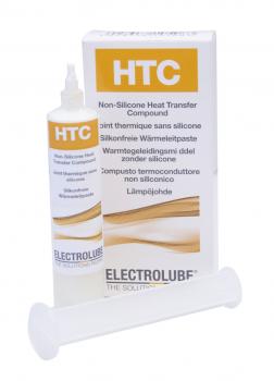 The image displays a tube of thermal paste and its packaging. The tube is white with yellow lettering that reads "HTC". Adjacent to it, the packaging also features prominent yellow text describing the product.