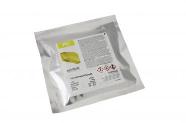 The image shows a transparent package with a yellow label. On it, there are safety and product information, as well as an illustration of a yellow object.