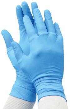 The image shows two hands covered with light blue, thin disposable gloves made of latex or a similar material. The hands are slightly open and displaying the palms.