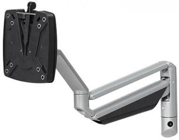 The image displays a monitor mount with a movable, silver arm. The mount can be adjusted into various positions and features a black back with multiple mounting holes.