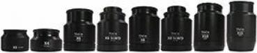 The image shows a black cylindrical lens attachment with a wide upper opening and a narrower base. On the side, it reads 