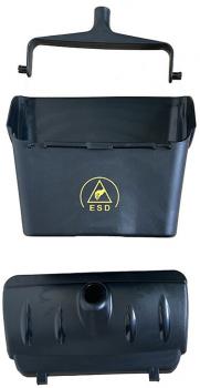 The image displays a black container with a top handle and an opening at the bottom. The container is rectangular and has a smooth surface. A yellow symbol with "ESD" is depicted on it.