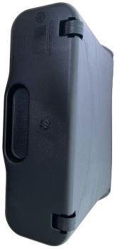 The image shows a black, rectangular box with rounded corners. It has a handle on the side and clasps on the top that stabilize and secure it.