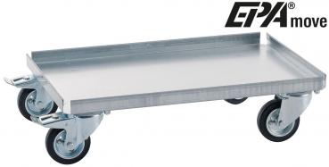 The image shows a flat metal transport roller. It has four movable wheels and a raised edge to secure goods on it. Ideal for moving loads.