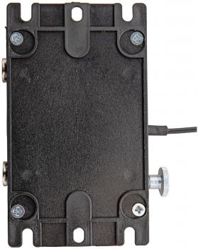 The image shows a rectangular, black plastic casing with screwable fixtures at the corners. On the side, there is a connection cable and an adjustable knob.