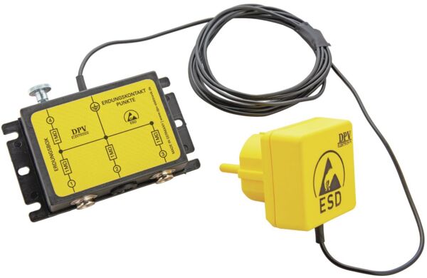 The image shows an electrical device in yellow with two connections on the left side and a cable leading to a yellow plug. It has a rectangular shape.