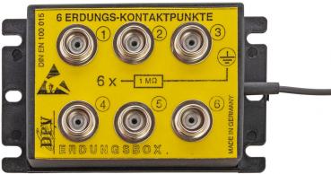 The image shows a yellow grounding box with six round contact points. Below it reads "6 GROUNDING CONTACT POINTS" along with technical notes. The box has a black back and a cable.