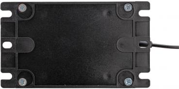 The image shows a black, rectangular plastic casing with screws, featuring a cable connection in one corner. It appears simple and functional.