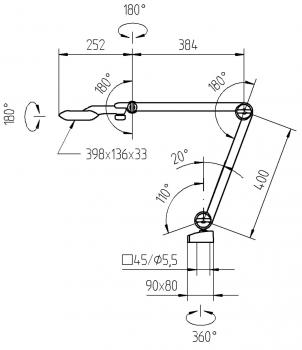 The image shows a technical drawing of an articulated arm with various joint positions and measurements given in degrees. The structure is slim and modular.