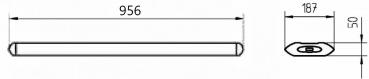 The image displays a technical drawing of an elongated object with dimensions 956 mm (length), 187 mm (width), and 50 mm (height). The ends are rounded.