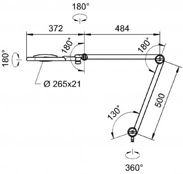 The image shows a technical drawing of an articulated arm. It consists of several movable parts, with specific dimensions and rotation angles, mounted at a fixed point.