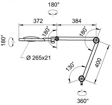 Das Bild zeigt eine technische Skizze eines beweglichen Arms mit Gelenken. Es enthält Maße und Winkel, die die Flexibilität eines Lichts oder Geräts darstellen.