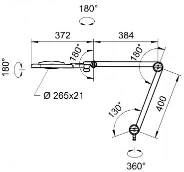 Das Bild zeigt eine technische Zeichnung einer beweglichen Lampe. Die Maße und Drehwinkel sind angegeben. Die Lampe hat einen runden Kopf und flexibel einstellbare Arme für optimale Lichtverteilung.