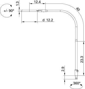 The image displays a technical drawing of a faucet. It has a curved shape with precise measurements, such as length and diameter, listed in millimeters.