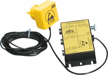 The image shows a grounding box in yellow and black. It has a yellow plug, a cable, and several sockets on the front. The box is used for electrostatic discharge.