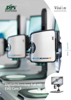 The image shows several digital microscopes in a laboratory, mounted on stable stands. A screen is in the foreground, displaying the magnified images.