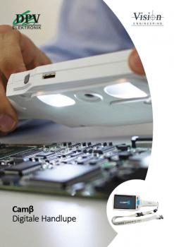 The image shows a digital magnifying glass being held over a circuit board. The magnifying glass has two light sources and is connected to a screen. In the background, fine electronic components are visible.