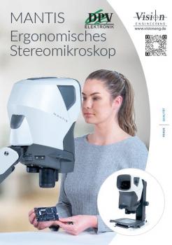 The image shows a woman working on an ergonomic stereo microscope. The microscope is modern and has a white and black color scheme. Next to it is an illustration of the device.