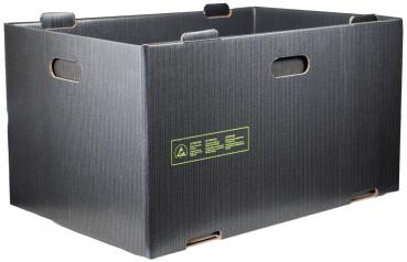 It is a rectangular box made of black cardboard. It has two side handle holes for easy handling and a yellow inscription on one side. The box is sturdy and open.