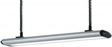 The image shows a modern, elongated ceiling light in silver color. It hangs from two black spiral cables and has rounded edges at both ends.
