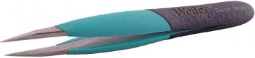 The image shows a fine tweezer with an ergonomic handle. The handle is green-blue and black, while the tips are made of shiny metal. Ideal for precise work.