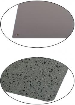 The image shows two material samples. Above, a gray, smooth sheet with a small hole. Below, a gray, textured plate with small black and white dots.